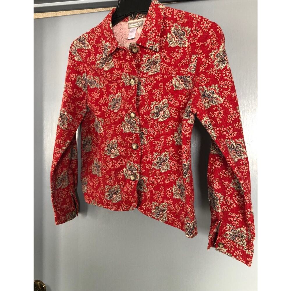 Coldwater Creek RED Floral BUTTON-UP Jacket. Womens Size Small retro barkcloth